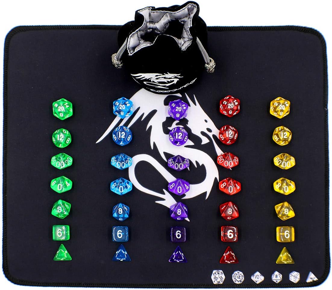 Polyhedral D20 Die Sets for D&D with Play Mat and Dice Bag