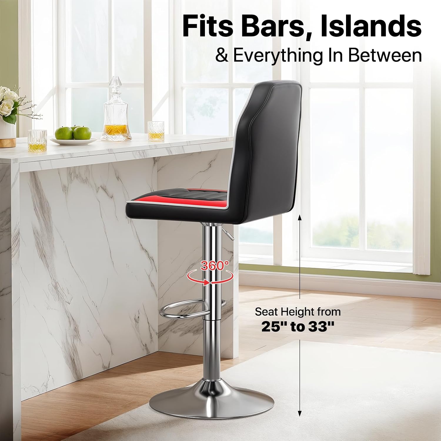 MoNiBloom Racing Style Bar Stools Set of 2, Height Adjustable PU Leather Barstools with Footrest, 360° Swivel High Backrest Bar Chairs for Kitchen Counter and Pub, Black-Red Blocking
