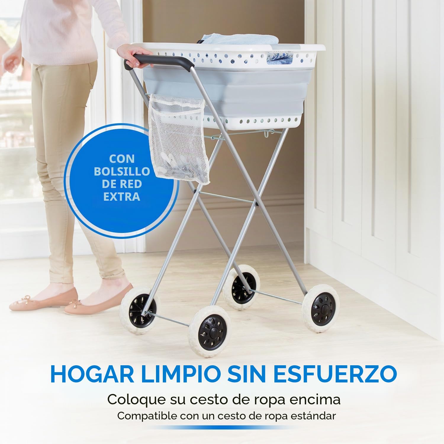 Cesta para la colada con ruedas – Fácil de transportar y colgar la ropa – Ahorra espacio y protege la espalda – Cesta para la colada con dimensiones de 66 x 44 cm aprox