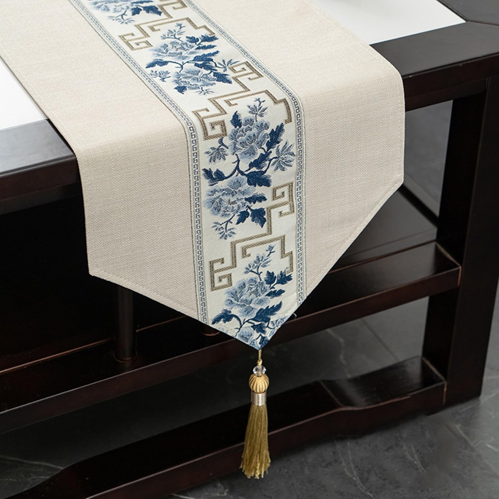 Chemin de table rustique motif style chinois beige pour repas chaleureux