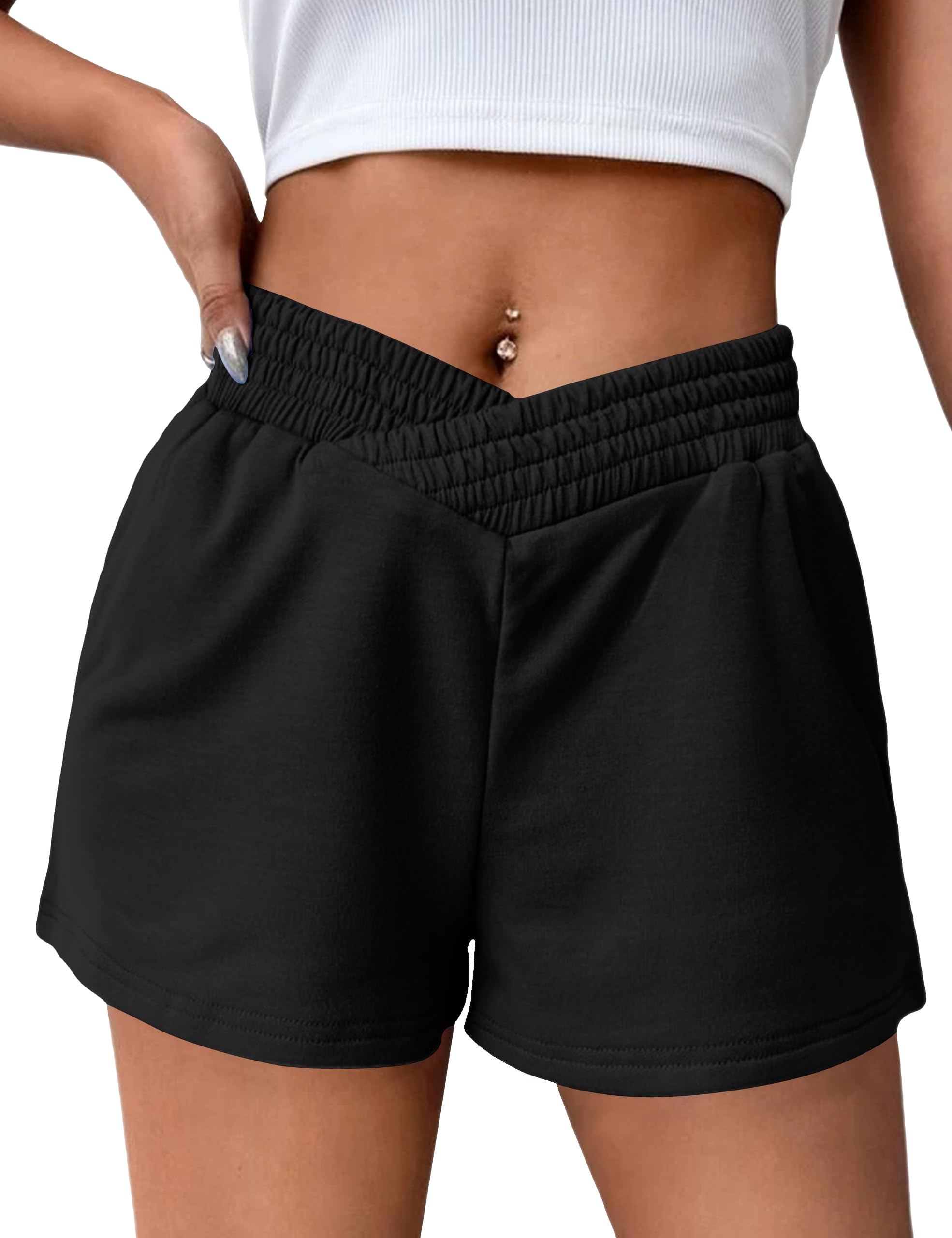 SAFRISIORWomen Casual Crossover Elastic V Waist Shorts Solid Comfy Workout Yoga Running Sports Track Shorts with Pockets