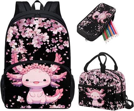 Tuoxiukan Axolotl Backpack and Lunch Box Set for Girls Elementary School 3 Piece Bookbag with Lunchbag Pencil Case Cherry Blossom School Bags Large Capacity Cute Shoulders Back Pack