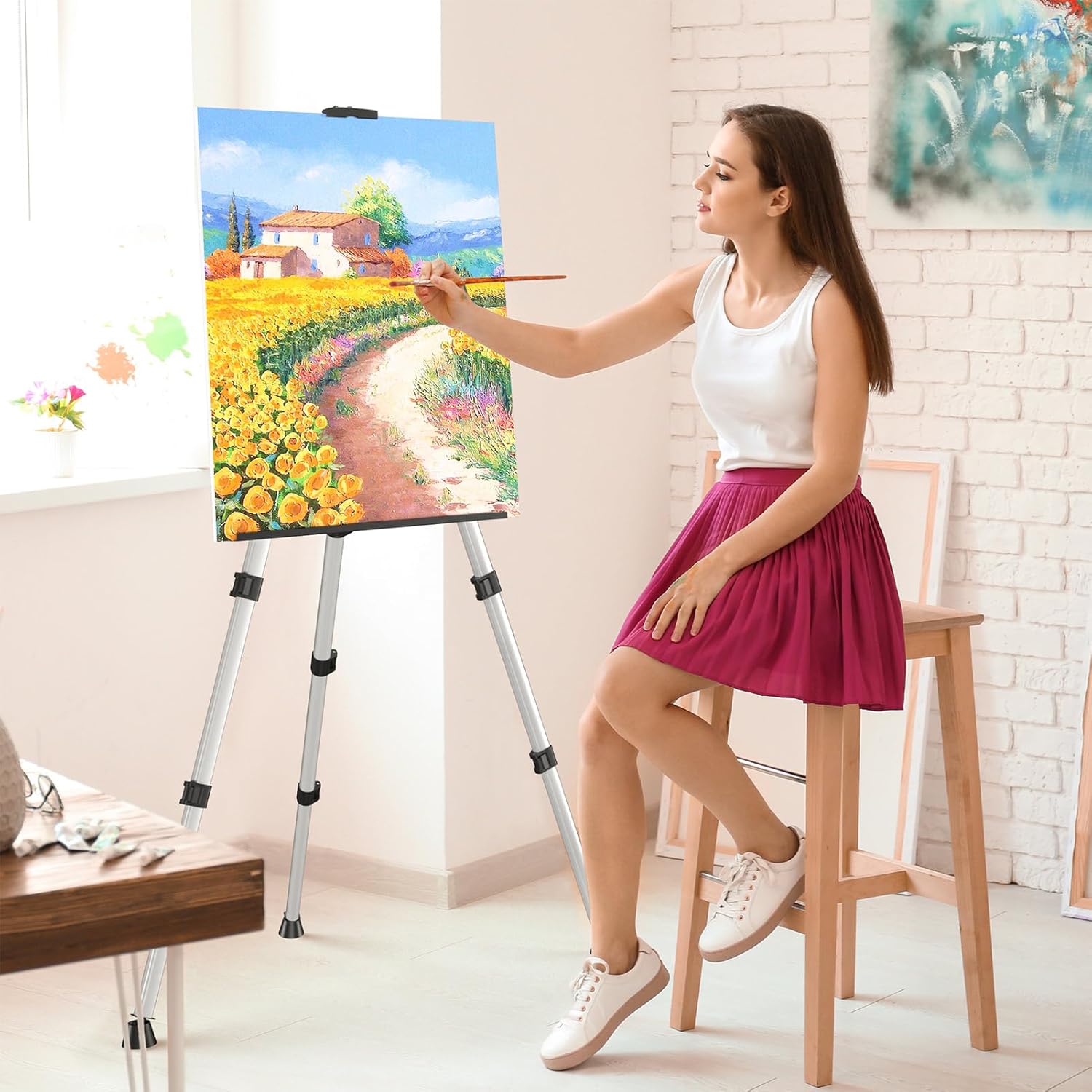 Portable Art Painting Easel Stands - Adjustable Display Artist Tripod Metal Easels with Bags for Table-Top/Floor Painting, Height from 17 to 66 inches, Sturdy for Drawing, Displaying - Silver