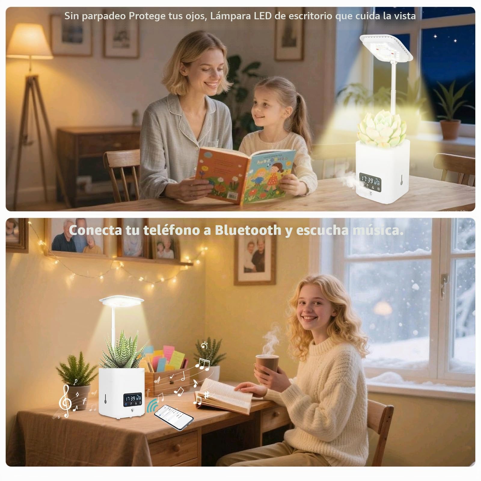 Maceta inteligente multifuncional, maceta verde hidropónica para interiores con altavoz Bluetooth, luz LED ajustable para plantas, humidificador, purificación de aire, lámpara de escritorio