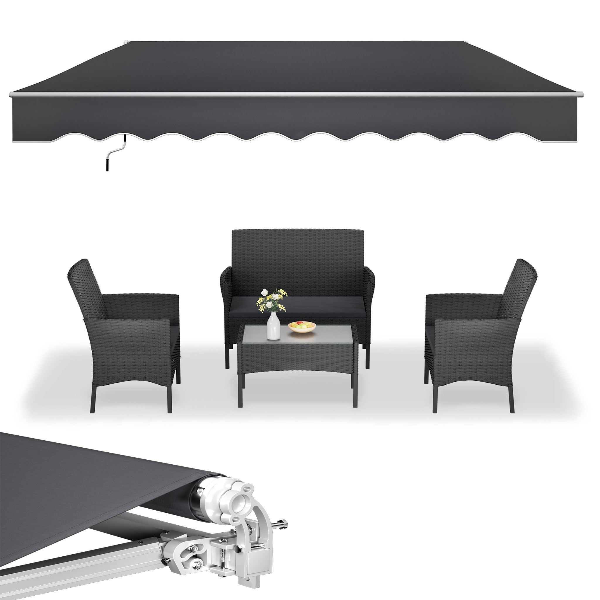 UISEBRT Markiza balkonowa 360 x 300 cm – markiza z ramieniem przegubowym, markiza zaciskowa, ochrona przed słońcem, ciemnoszara