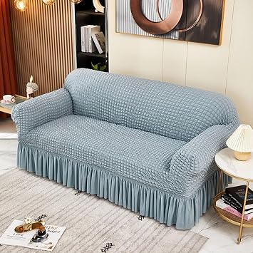 Hixingo Stretch Sofa Covers with Skirt, Nordic Solid Color Couch Cover Spandex Sofa Slipcovers, Armchair Cover Non-Slip Couch Covers Loveseat Covers Sofa Cover S-XL Large 75"-91",Blue Gray