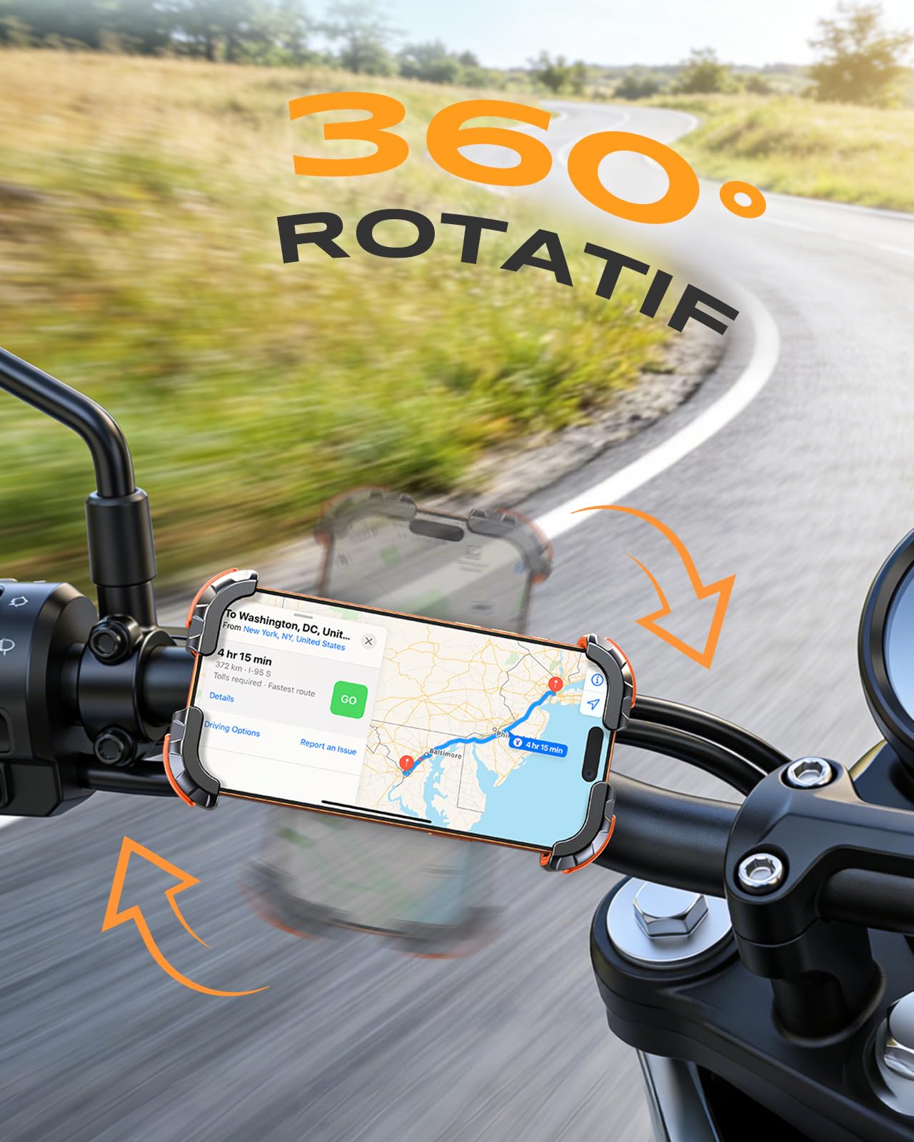 Babacom Support Telephone Moto Anti-Vibration, [1s Verrouillage Sécurisé & Antichoc] Support Telephone Velo Guidon, Accroche Solide & 360° Rotation, Installation Rapide, pour 4,7-6,8" Smartphone