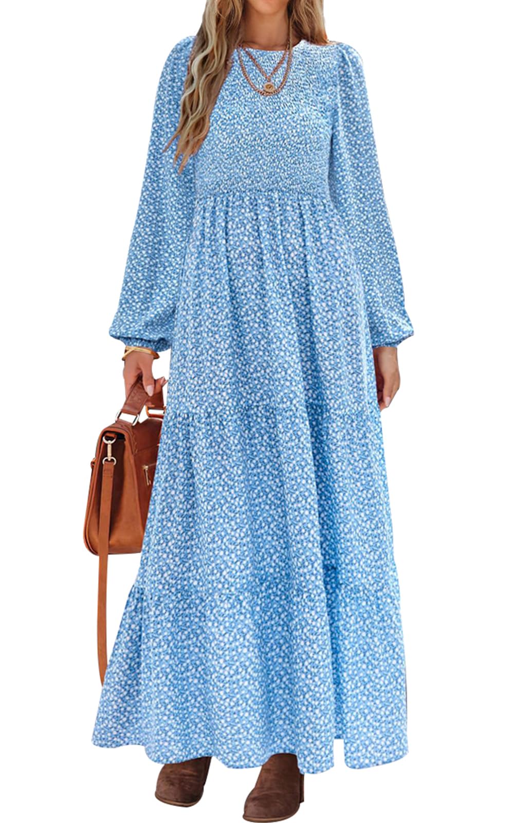 PRETTYGARDEN Women's Long Sleeve Smocked Tiered Floral Maxi Dress, Sky Blue White Flower, L, Model DM034