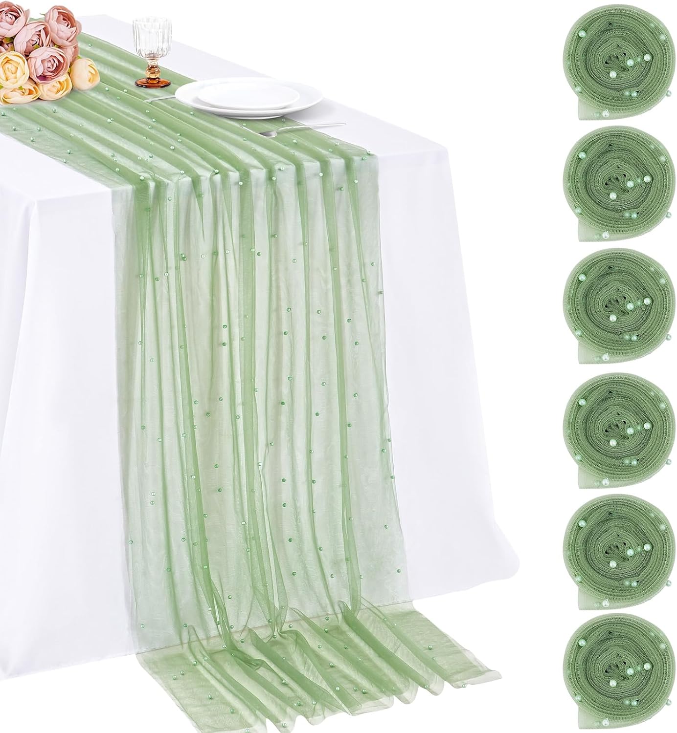 LuoluoHouse Wedding Pearl Tulle Table Runner: 10ft Pearl Tulle Fabric Wedding Lace Desk Runners Arch Ceilings for Bridal Shower Veil Baby Shower Sweetheart Table Decorations