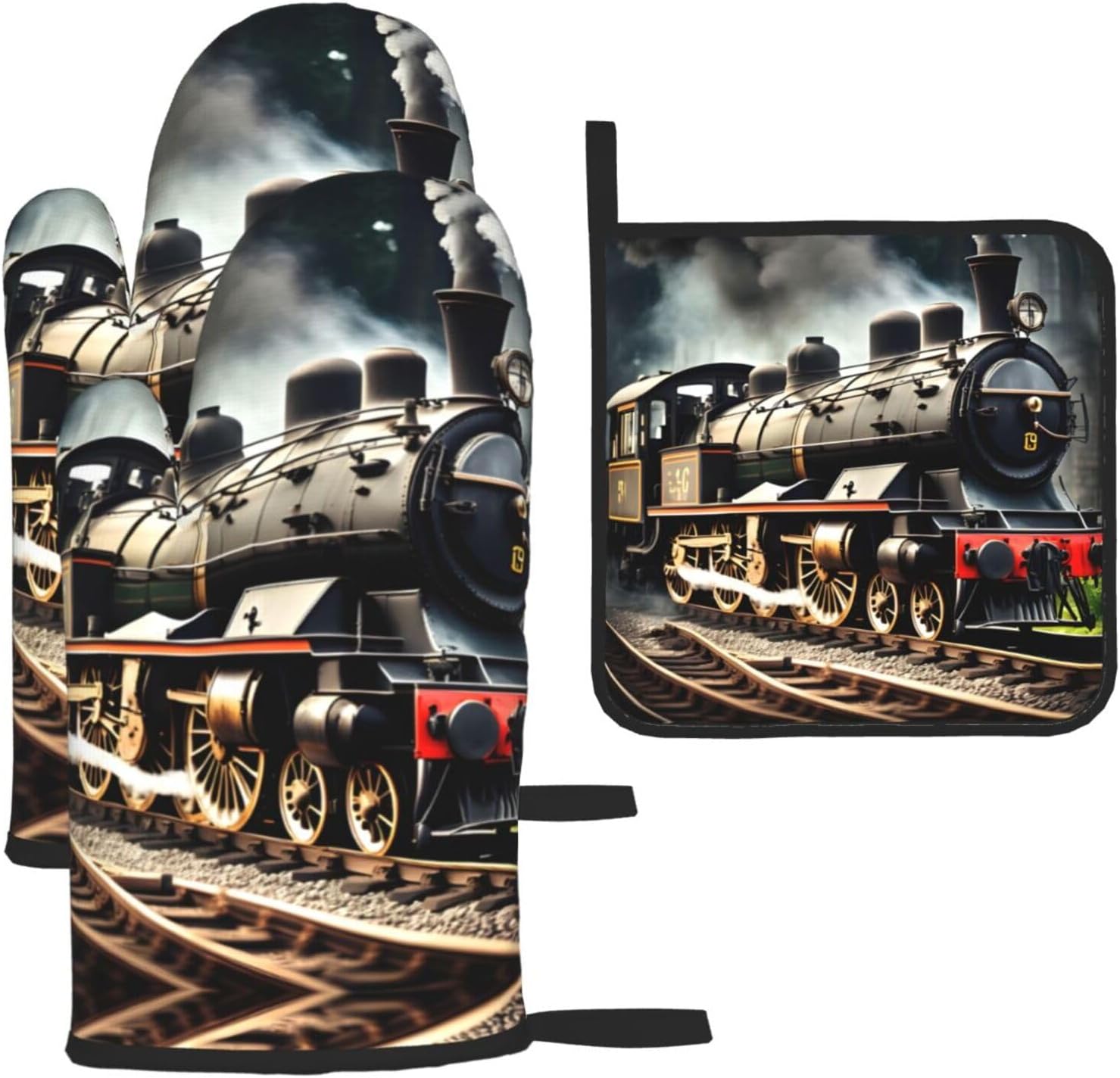 Steam Locomotive Train Print Heat Resistant Microwave Gloves, Used for Baking, Cooking, and Fashion Kitchen Essentials