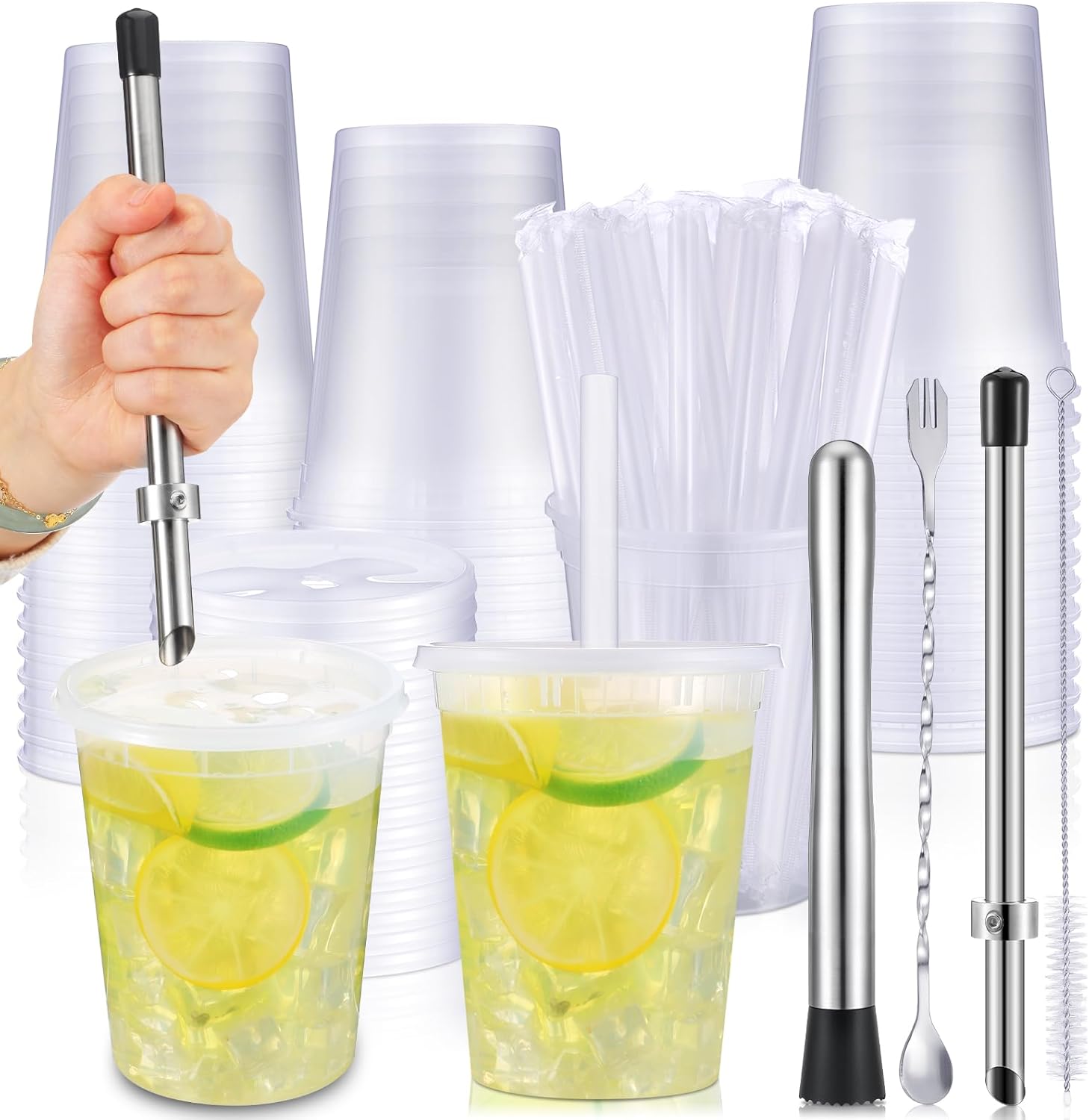 24 Set Lemonade Cups with Lids Include 32oz Clear Plastic Cups Straw Puncher Straws Lids Juice Blender Stirring Spoon and Eyedropper Brush for Apple Citrus Apple Cider Hot Drinks