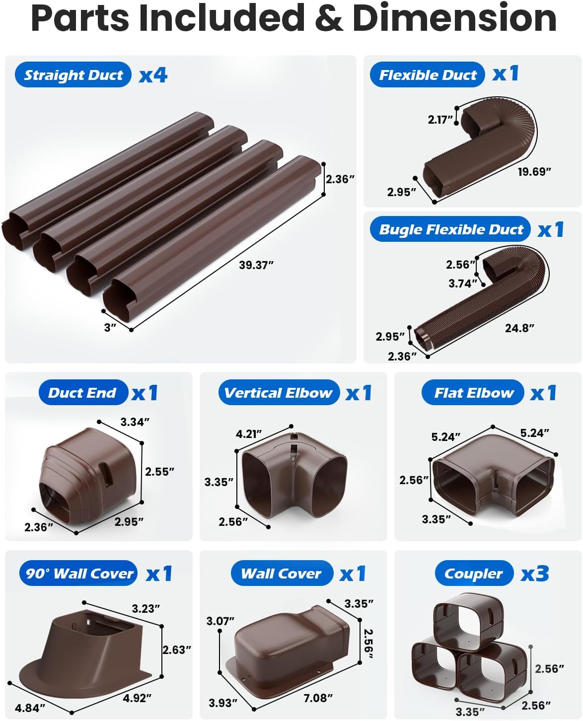 3" 17 Ft PVC Decorative Pipe Line Cover Kit: Ductless Mini Split Line Cover Set Kit for Mini Split Air Conditioner, Central AC and Heat Pumps, Brown for Outdoor