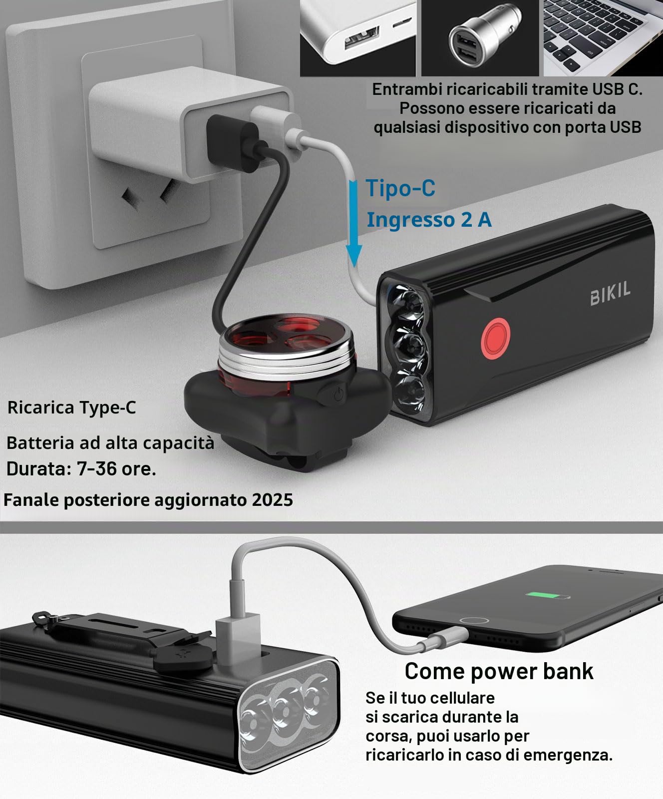 BIKIL luci bici led 6400mAh Ricaricabili USB C Luce Bici Anteriore e Posteriore potente 2400 Lumens Impermeabile IPX5 Set di luci per Bicicletta per Strada e Montagna