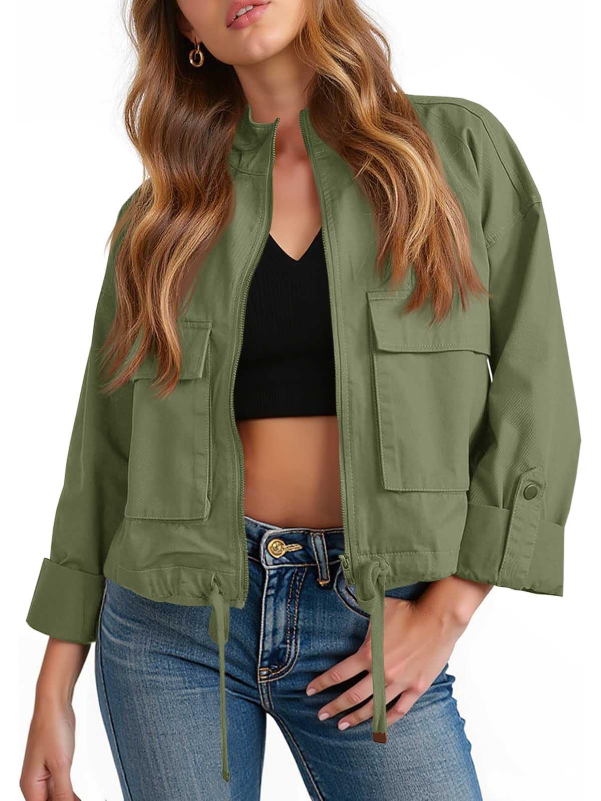 Tankaneo Giacche corte da donna casual con cerniera lampo leggera militare safari breve cappotto multiuso con tasche
