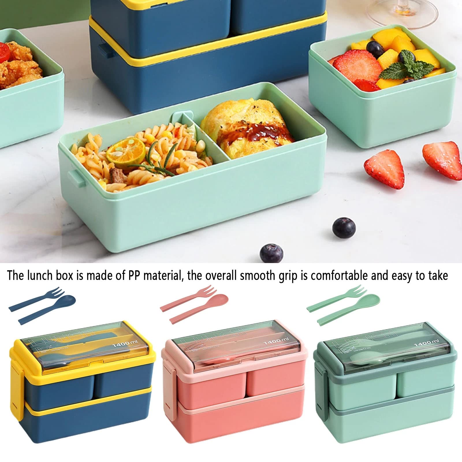 pudełko na lunch, Bento Box dla chłopców z przegródkami na sztućce Szczelny dwuwarstwowy plastik nadaje się do mikrofalówki szczelny