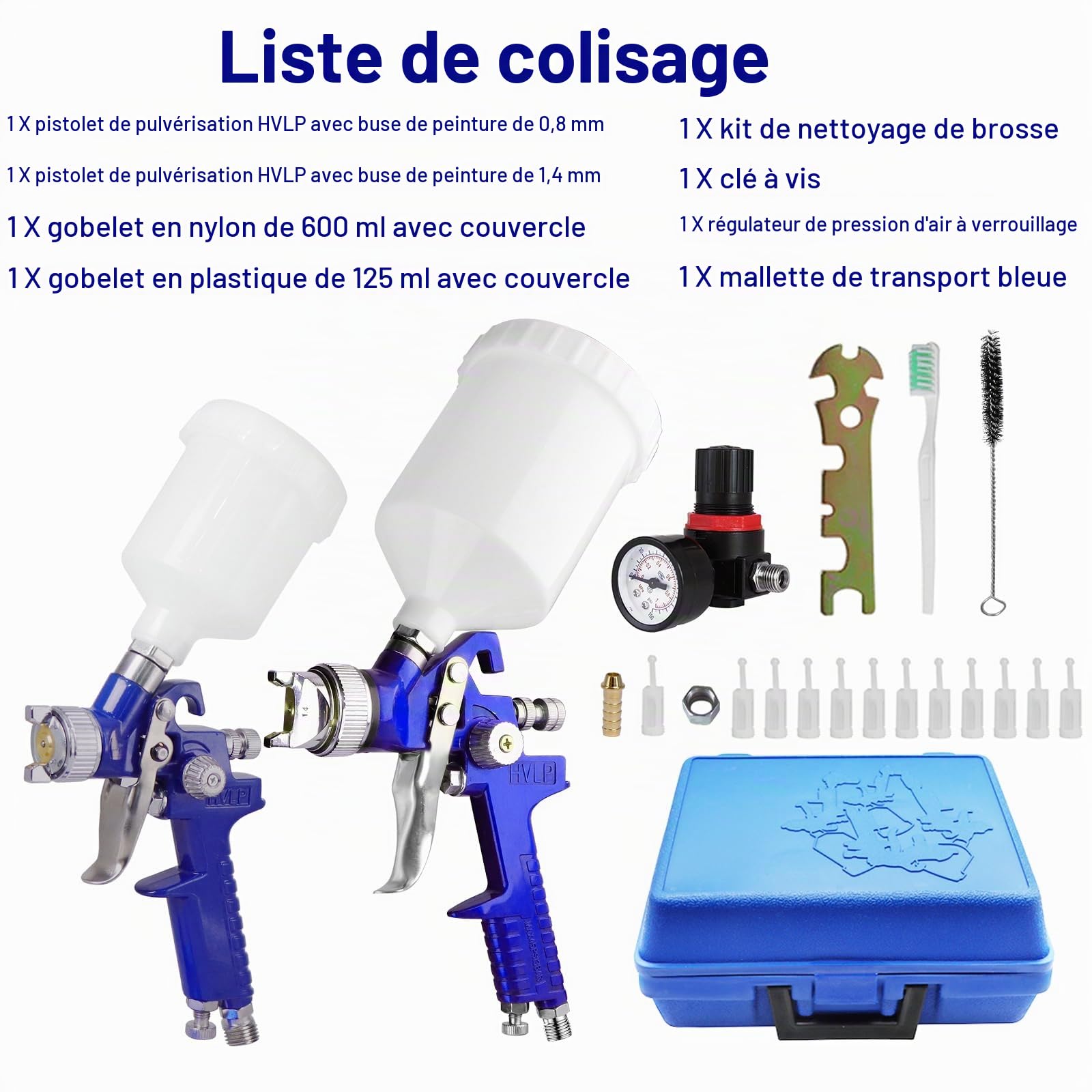 HVLP Kit de Pulvérisation de Peinture Pistolet à Peinture Pistolet à Peinture 0,8 mm 1,4 mm Buses Air Gravité Pistolet de Pulvérisation Kit avec 125 ml et 600 ml Outil de Pulvérisation de Peinture
