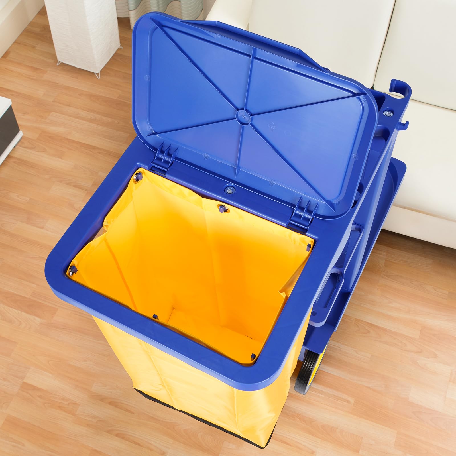 bimiti Carro de limpieza con bolsa de basura de 65 litros, 83 x 46 x 90 cm, 3 niveles, carrito de limpieza profesional, carrito de limpieza con 4 ruedas, para servicio de hotel, centros comerciales,