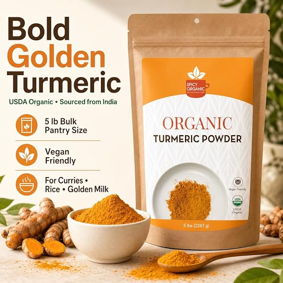 Spicy Organic Turmeric Powder 2 lb (907gm) USDA Certified Organic, 3% Natural Curcumin, 3rd Party Lab Tested Bulk Haldi for Cooking, Golden Milk, Smoothies & Daily Wellness Non-GMO, Vegan, Product of India