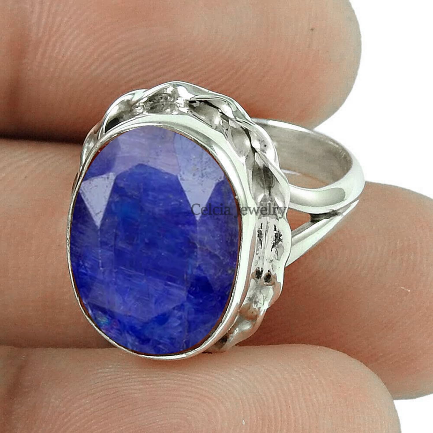 Blauer Saphir echter Edelstein facettierter ovaler Ring, Statement-Ring aus reinem 925er Sterlingsilber, schönes September-Geburtsstein-Geschenk für Frauen (Blau-Saphir, Größe 8,75)