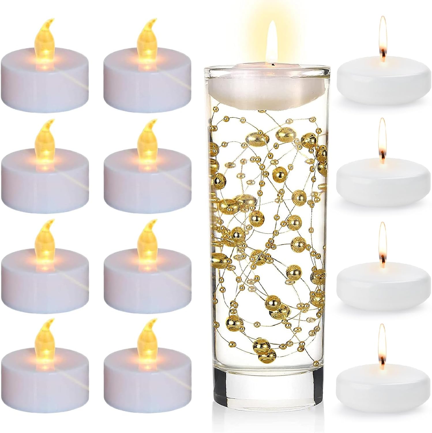 24 Pack Warm White Battery Tea Lights and 24 Pack White Floating Candles 3 Inch Unscented Dripless Wax,Wedding Party Candles,for Decoration of Dining Tables, Swimming Pools