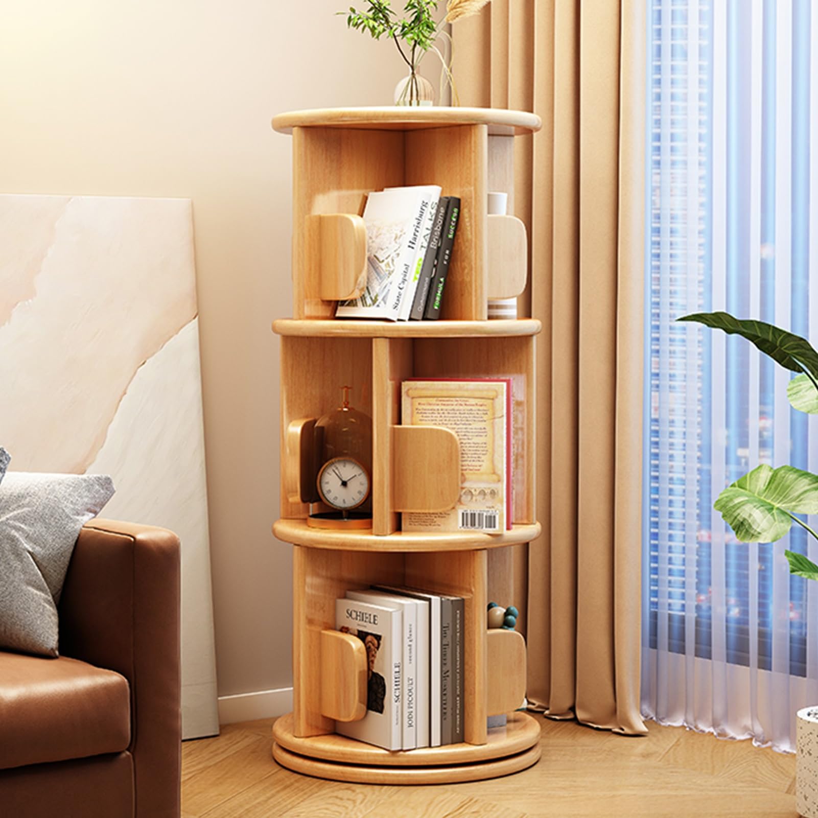 Librería redonda de madera de 3 niveles que soluciona la falta de espacio para guardar libros