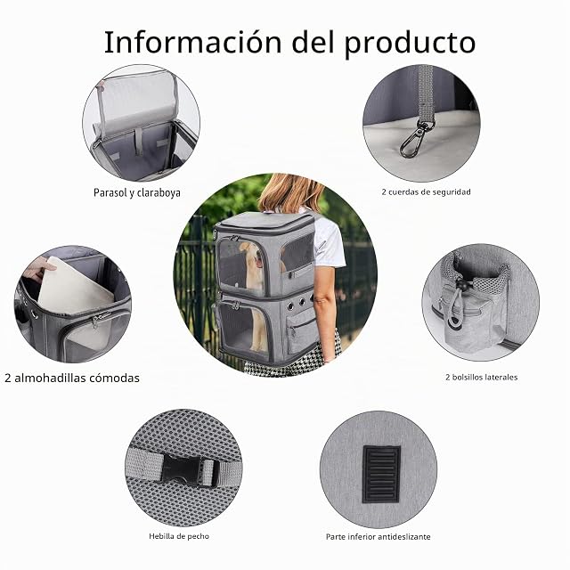 Foto 4 de 7 de FASNATI Mochila para 2 Gatos 2 en 1, Separador Extraíble, hasta 12kg, Gris