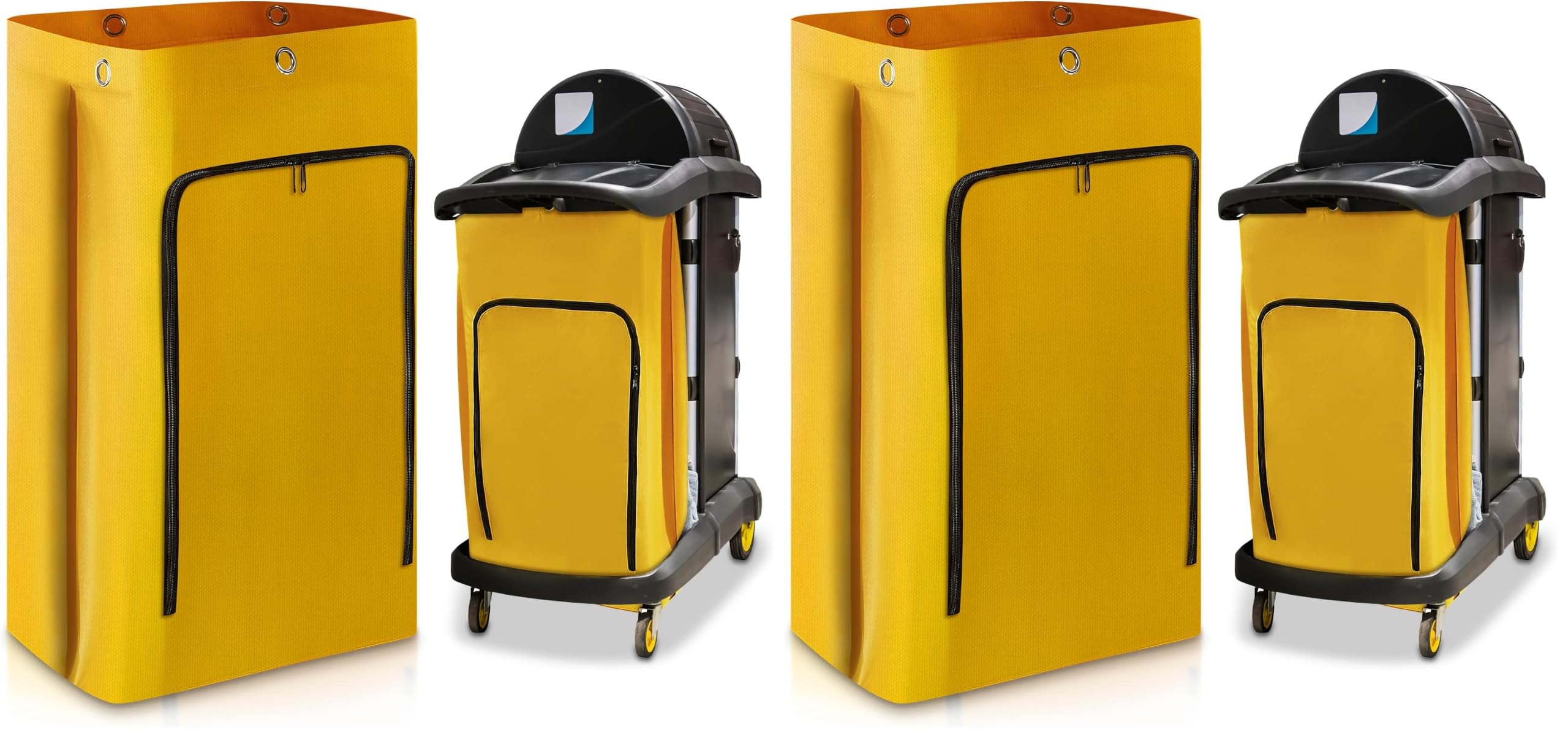 Meanplan 2 Pack Cleaning Cart Bag Zippered Front Replacement Janitorial Cart Thick Bag Large Capacity Commercial Cleaning Bags for Housekeeping Carts, Yellow (33 x 16.8 x 10.5 Inch)