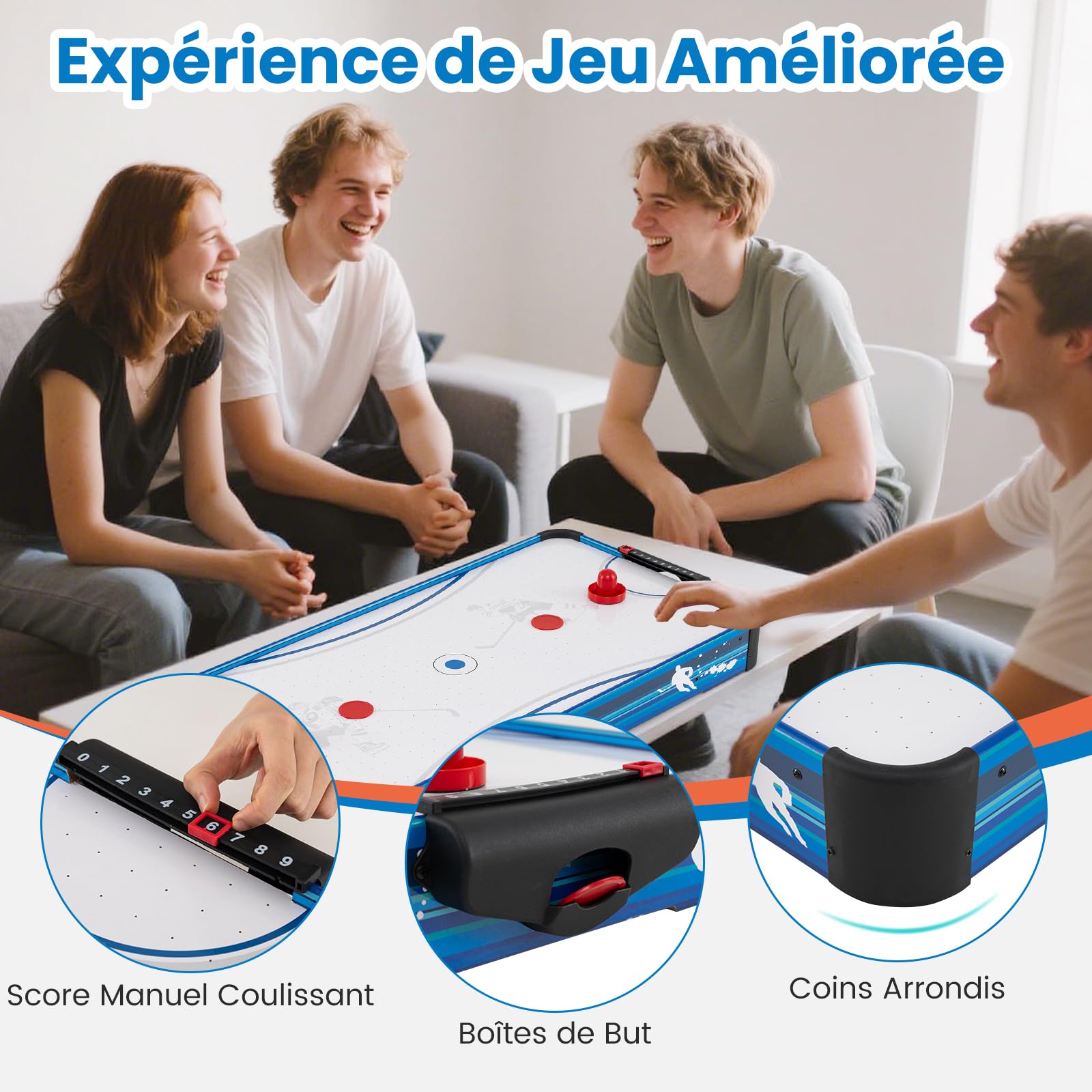 DREAMADE Table de Hockey sur Table, Table d’Intérieur avec Ventilateur 12V, 2 Cages de But, 2 Palets et 2 Poussoirs, Système de Pointage Manuel Coulissant, pour Salle de Jeux