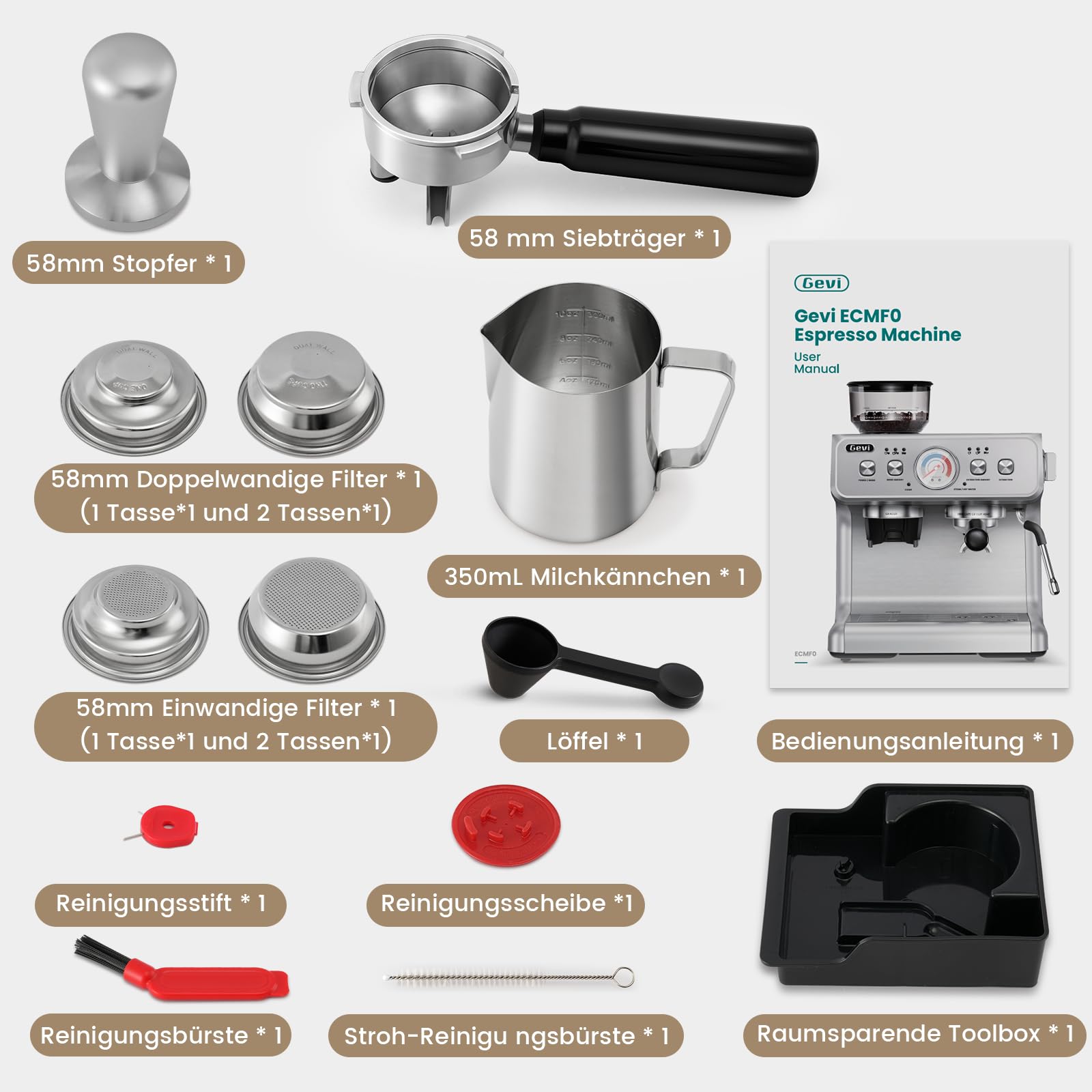 Gevi 2025 Upgrade Siebträger Kaffeemaschine mit Integrierter Kaffeemühle，Dual Boiler Professionelle Espressomaschine，30 Mahlgrade, 20 Bar, 2.8L Wassertank, Edelstahl Barista Kaffeemaschine