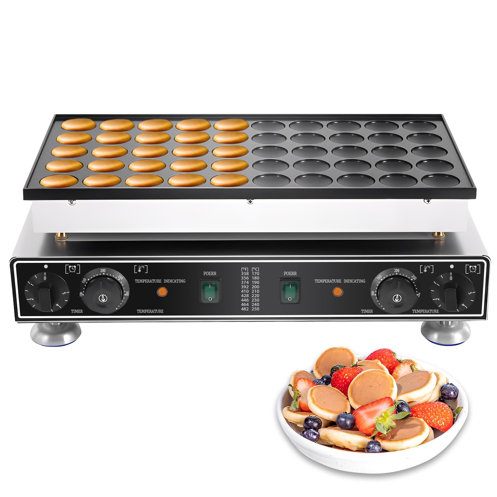 50 LöCher Poffertjes Maker, Kommerzielle Edelstahl-Waffeleisen, 50°C - 300°C Temperaturregelung, 0-5 Minuten Zeiteinstellung für den gewerblichen Heimgebrauch