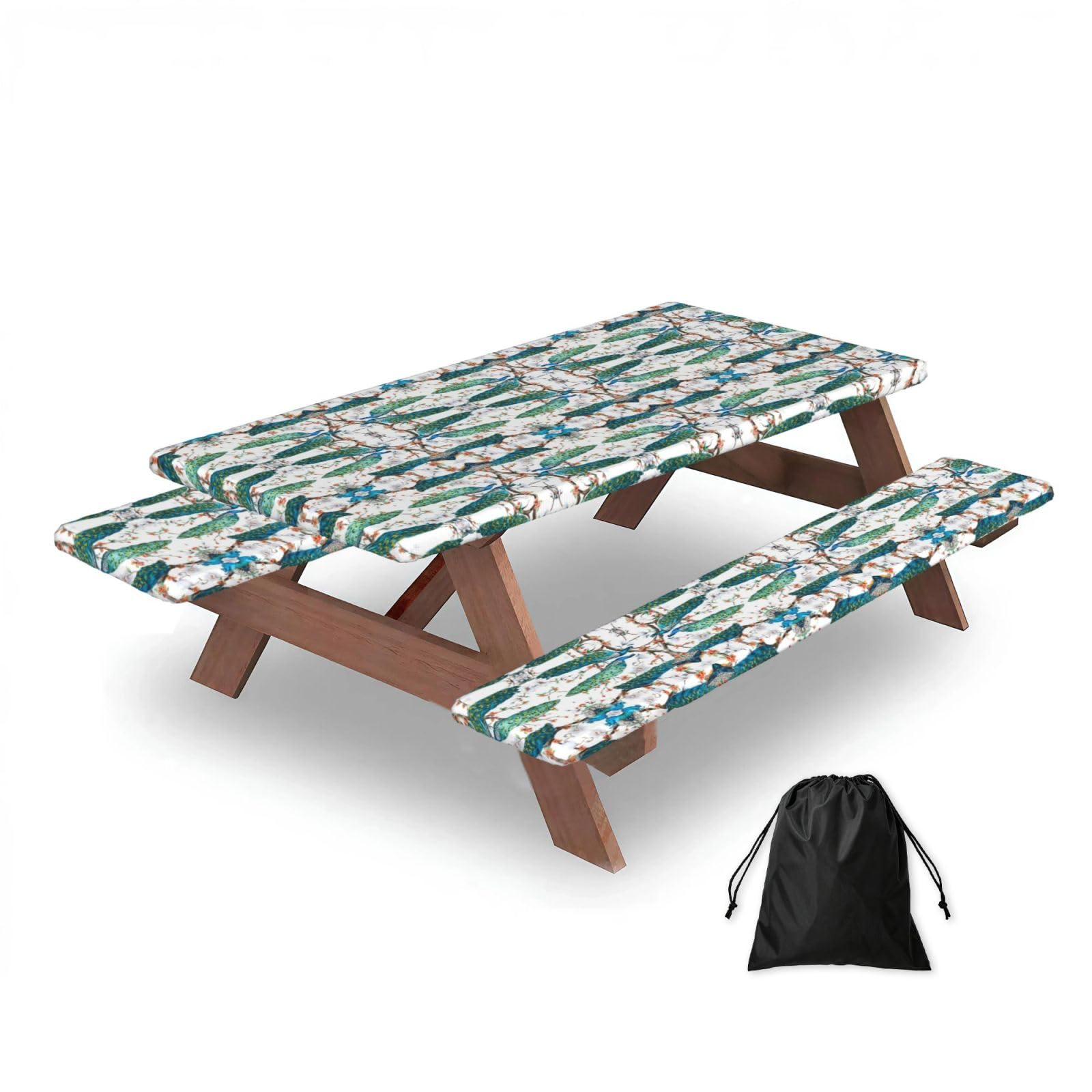 Housses de table de pique-nique et bancs ajustées 3 pièces motif paon