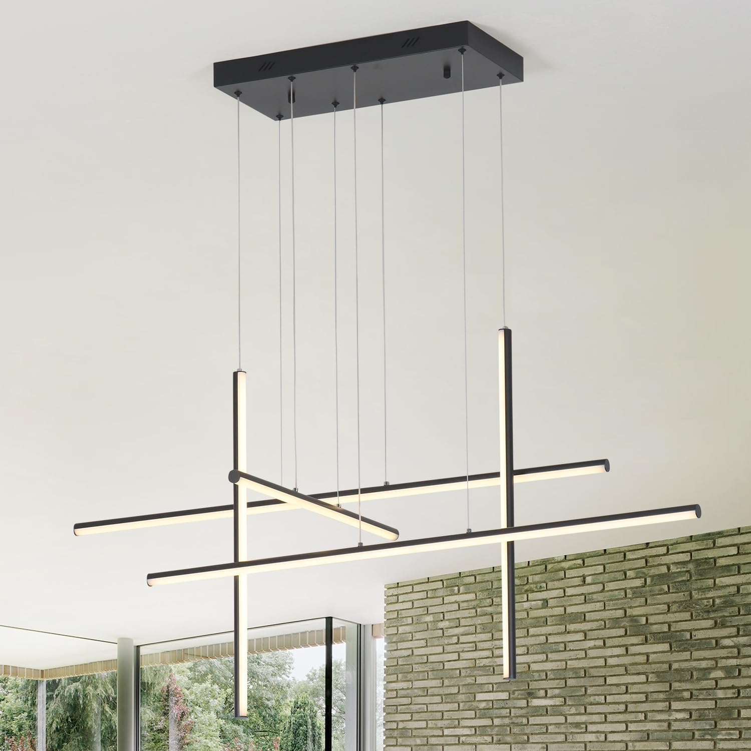 5 Lights Matte Black Linear Chandelier LED Dimmable Hanging Pendant Light for Kitchen Island Restaurant,LED 50W Rectangle Chandelier Lighting Fixture