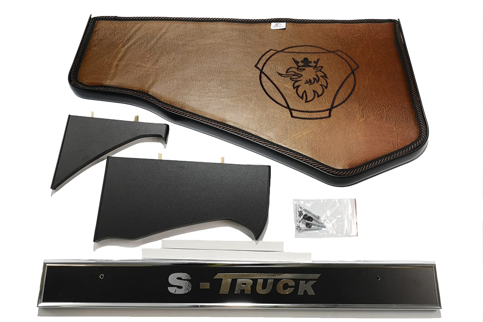 Kram-Truck Étagère De Tableau De Bord Lisse Brodée Couverture Camion Cockpit TV Rack Compatible avec Scania S/R À Partir De 2017 10mm Mousse Simili Cuir Résistant Brun Clair