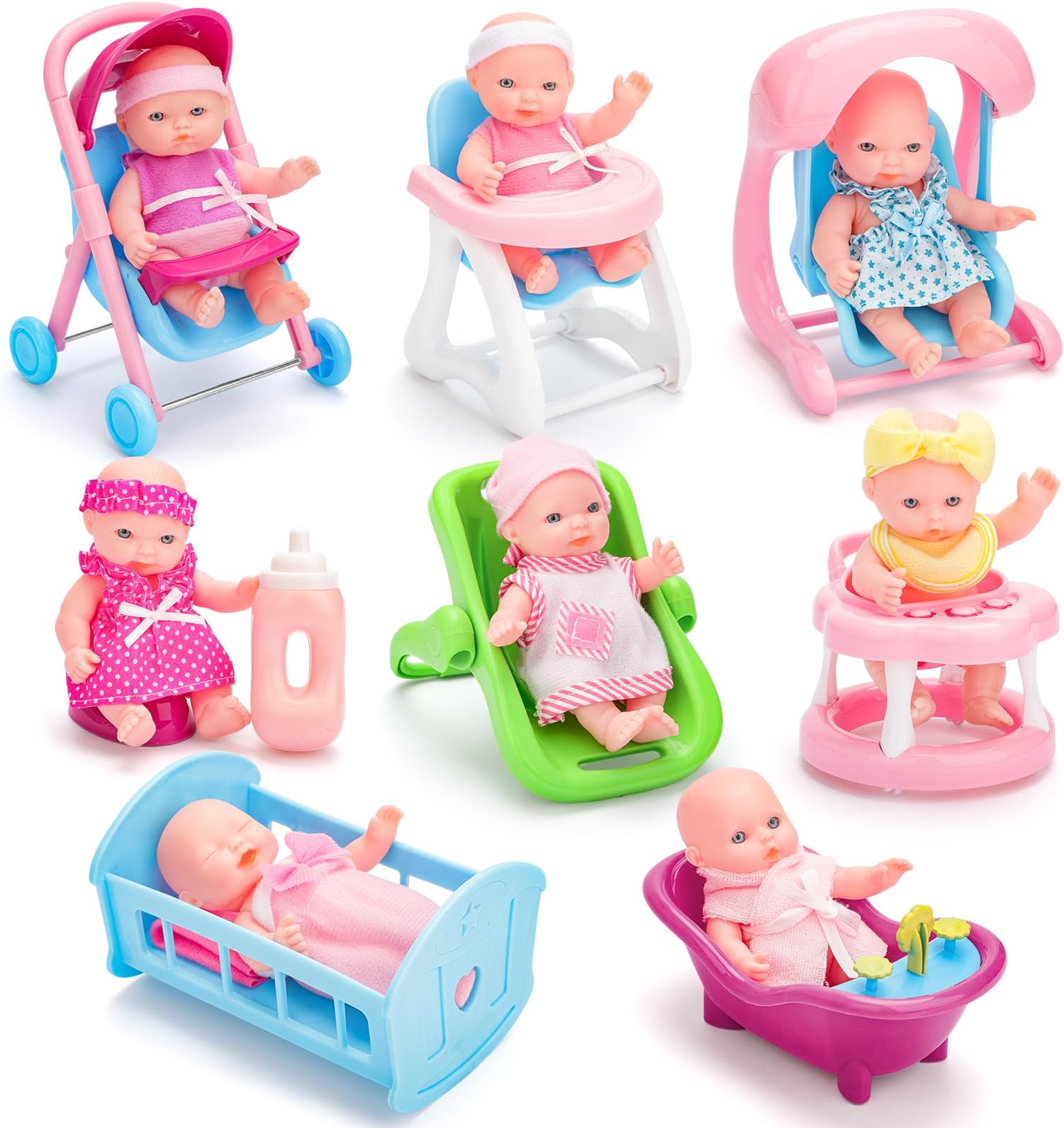 8 Sets 5" Mini Baby Dolls, Baby Doll Set with Accessories Including Stroller, Bathtub, Crib, High Chair, Swing, Walker, Small Baby Doll Toys for 3+ Years Old Kids Girls