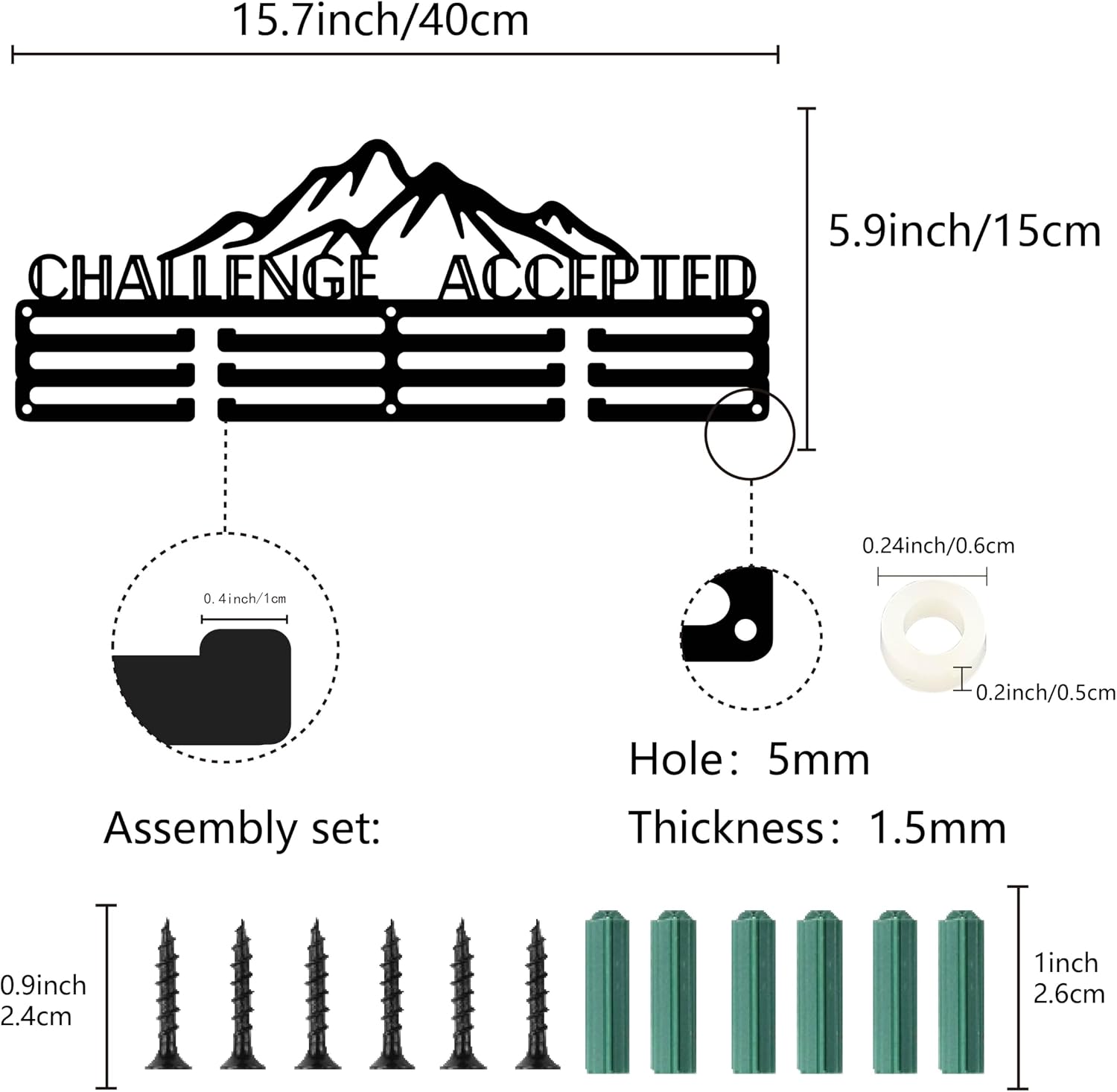 CREATCABIN Metal Medal Hanger Display Mountain Medal Holder Rack Black Iron Sport Hanging Athlete Awards Wall Mounted Stand over 60 Medals for Rock Climbing Competition 15.7x5.9Inch-Challenge Accepted