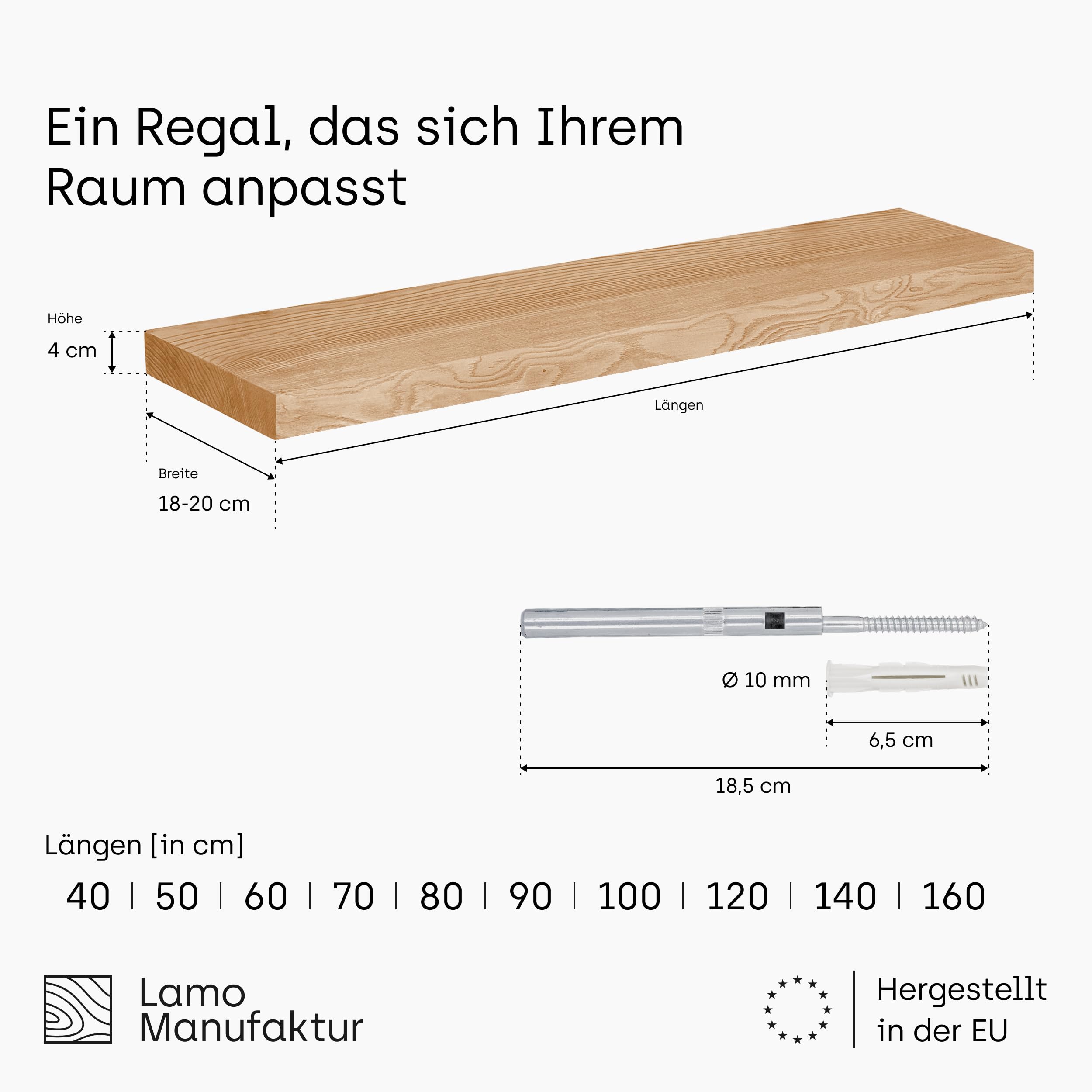 LAMO Manufaktur Schweberegal Holz mit unsichtbarer Befestigung | Wand Regal 40 cm breit für Badezimmer, Flur, Küche | Farbe: Rustikal, Kante: gerade | Massivholz, modernes Design, Schwebende Optik