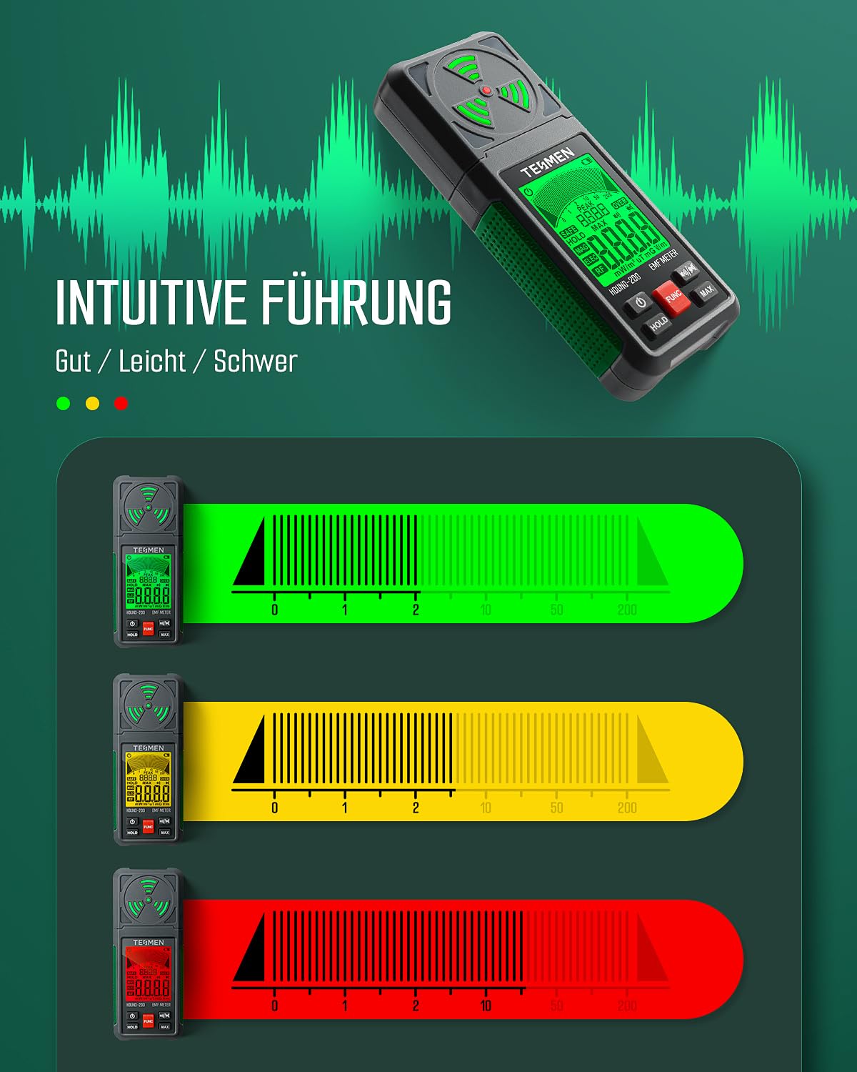 TESMEN HOUND-200 EMF-Messgerät, 3-in-1 tragbarer Elektromagnetfeldstrahlungsdetektor für EF RF MF, WiFi-Signal, zur Verwendung bei EMF-Inspektionen zu Hause und im Freien sowie Geisterjagd - Grün