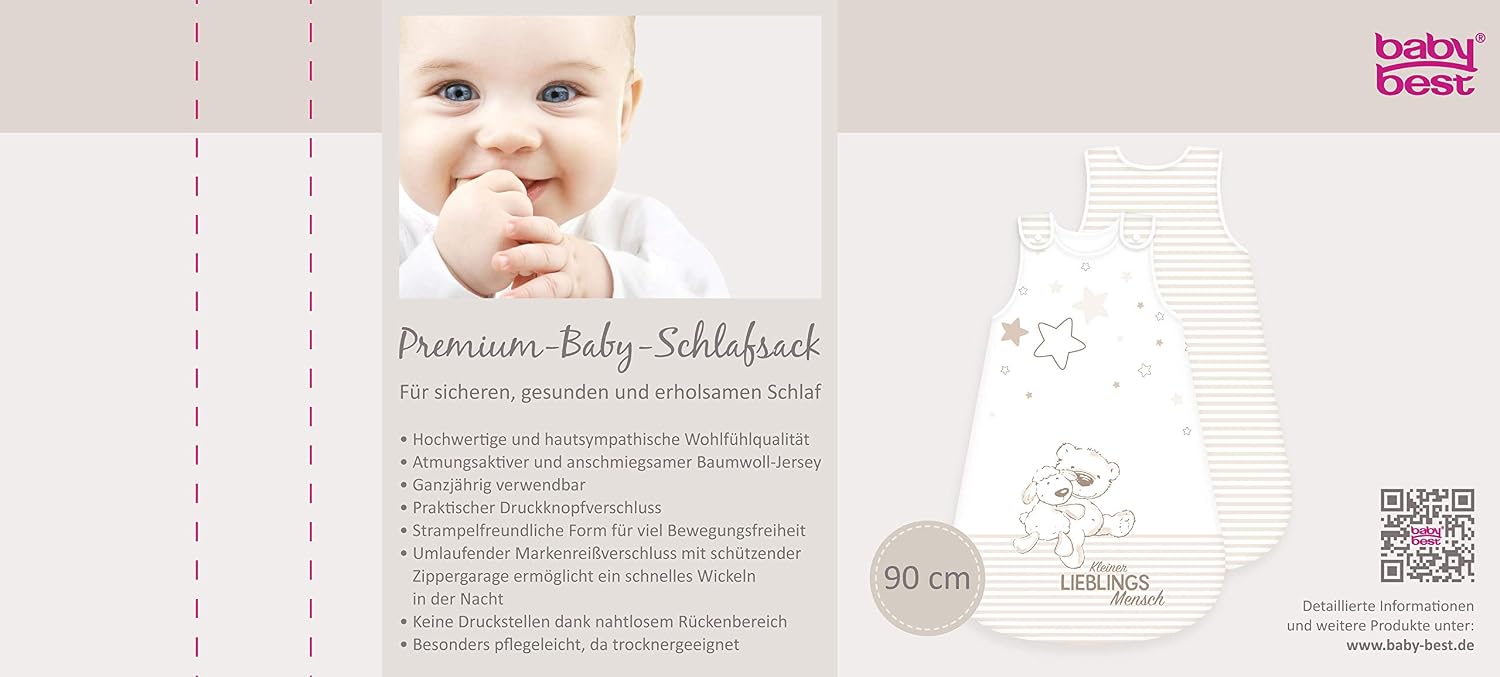 Herding Baby Best Baby-Schlafsack, Kleiner Lieblingsmensch Motiv, 90 cm, Seitlich umlaufender Reißverschluss und Druckknöpfe, Weiß