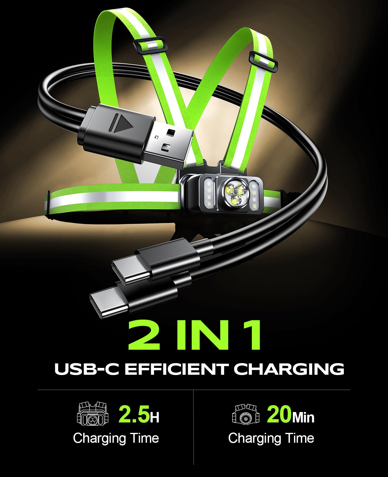 Luces de correr de 550 lm para corredores con luz trasera, 7+2 modos y chaleco reflectante de 360°, IPX4 impermeable, luz de correr recargable ajustable de 45° para caminar, ciclismo