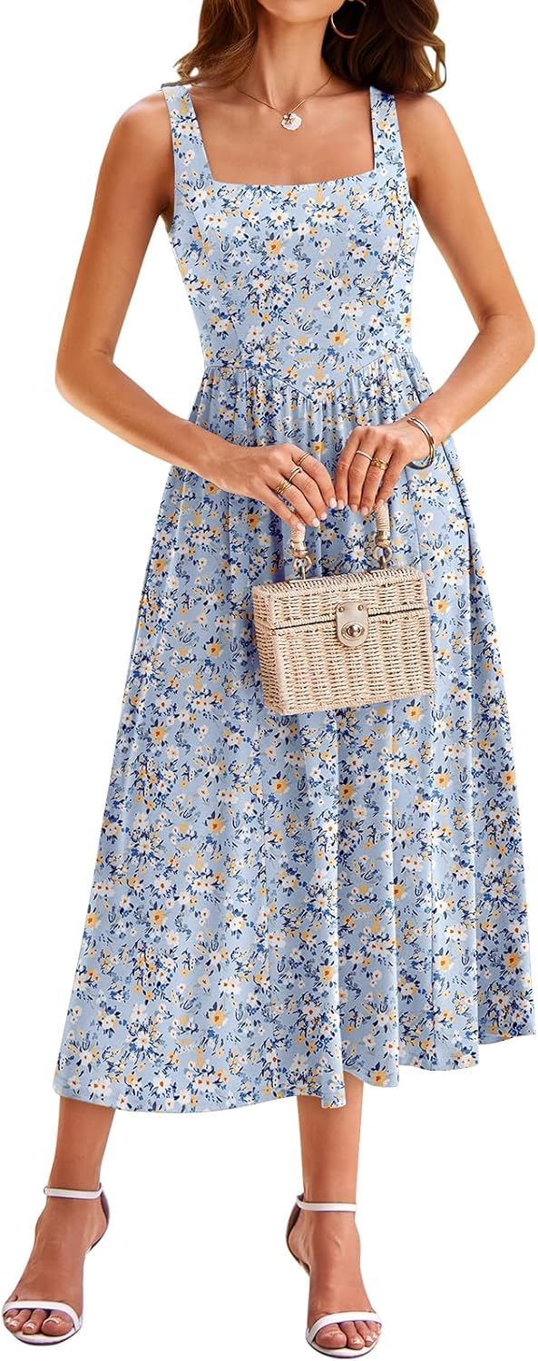 YATHON Women's Floral Midi Dress Casual Sleeveless Square Neck Tank Flowy Summer Beach Vacation Sun Dresses with Pockets
