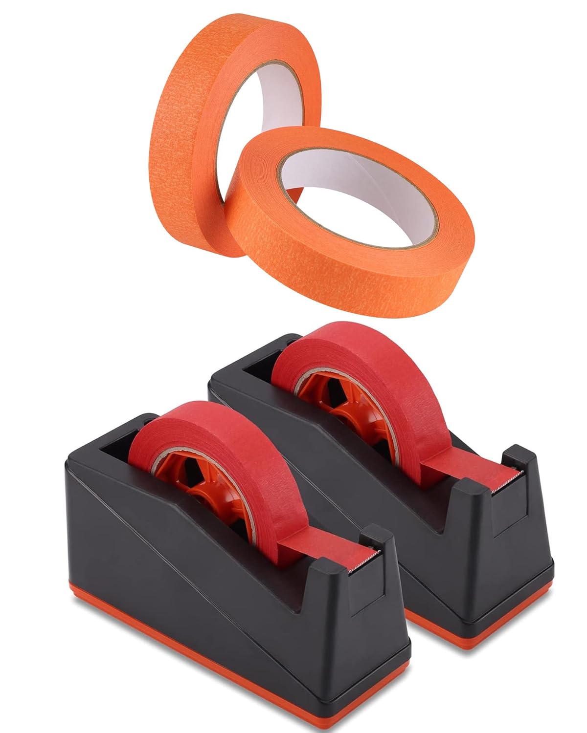 Lichamp 2 Pack Orange Painters Tape 1 inch and 2 Pack Desktop Tape Dispenser Holder with Large 3 inch Core for Masking Tape