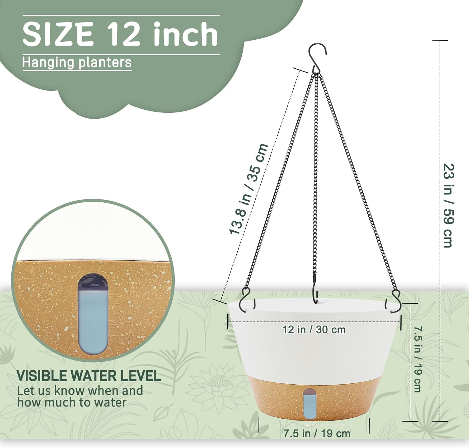 ZMTECH 2 Pack 12 Inch Hanging Planters for Indoor Plants, Large White Self Watering Hanging Planter with Visible Water Level Window & Removable Tray, Modern Flower Pots for Outdoor Patio