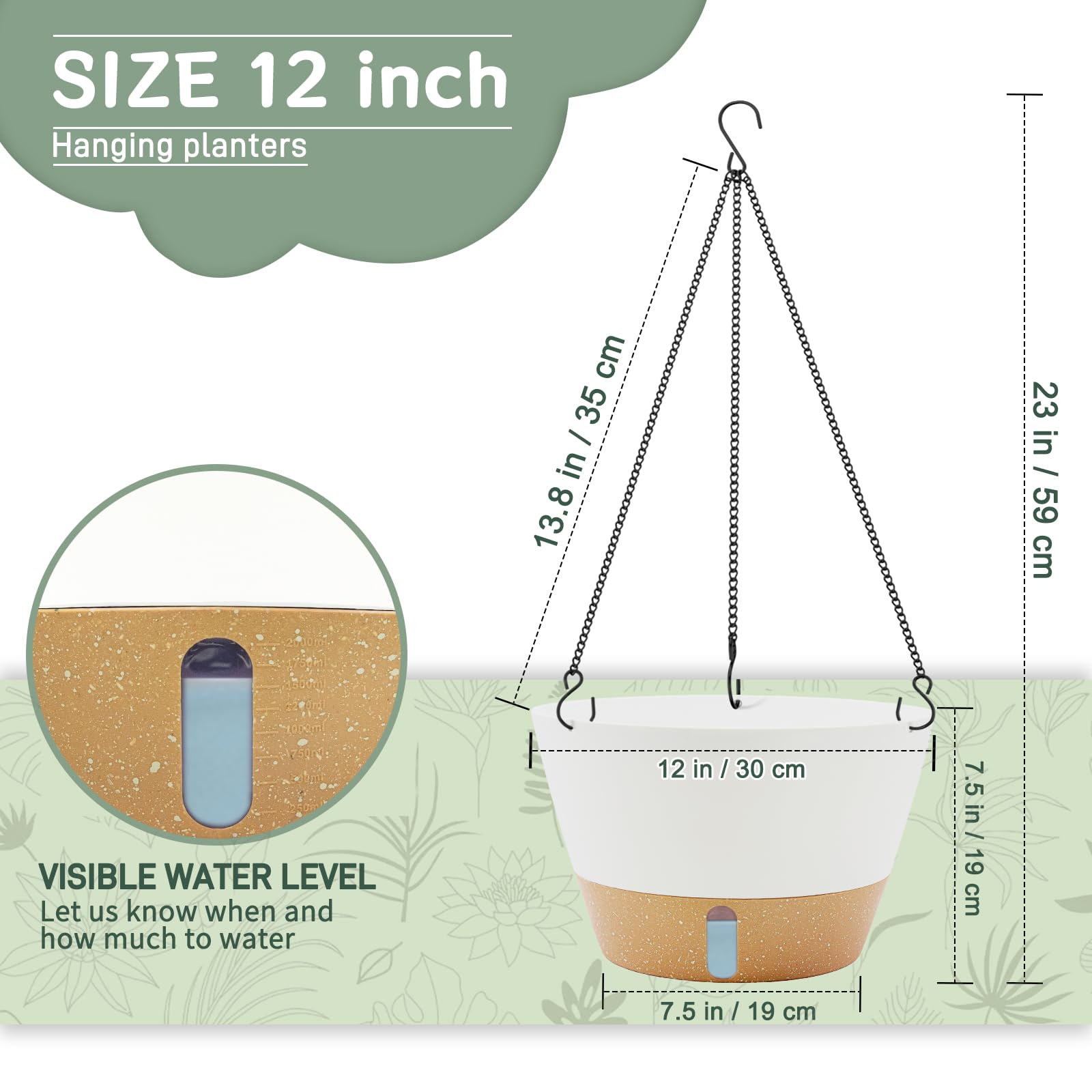 ZMTECH Lot de 3 grands pots de fleurs suspendus de 30,5 cm pour intérieur avec niveau d'eau visible et chaîne, pot de fleurs à suspendre à auto-arrosage pour extérieur, jardin, porche (30,5 cm, blanc)