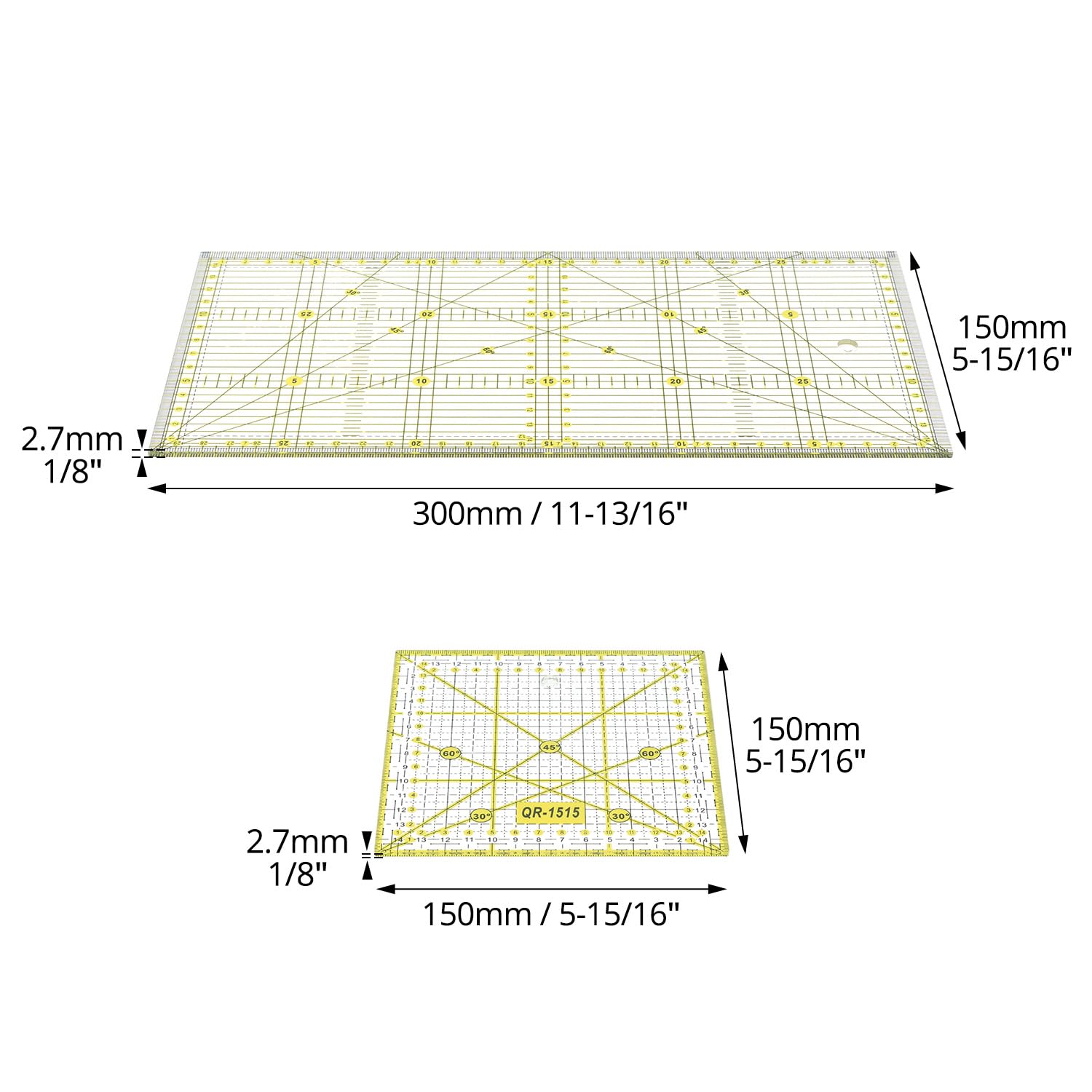 QWORK® 2 Pezzi righelli per patchwork, 15x15 cm e 15x30 cm righello per quilting con scala, righelli da cucito universale