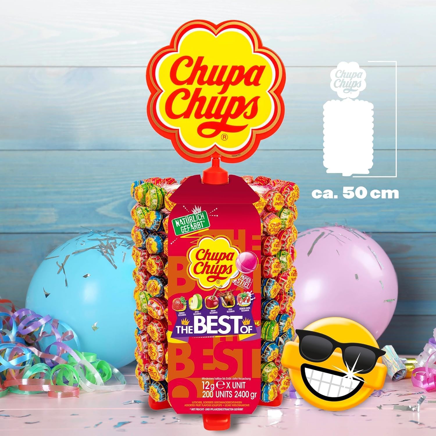 Chupa Chups Lutscher-Rad, Lollipop-Ständer mit 200 Lollis, Aufsteller mit 5 leckeren Geschmacksrichtungen, geeignet für Kiosk, Büro und Geburtstag, 200 x 12g