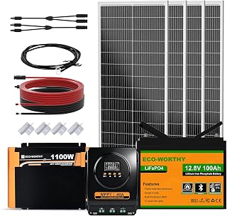 ECO-WORTHY 1,6 kWh solaranlage komplettset mit 12V 100AH LiFePO4 Batterie + 4 Stücke 100W Solarpanel + 30A Laderegler Bluetooth + 1100W Wechselrichter, Solaranlage Komplettset für Dach Haus Balkon Gar