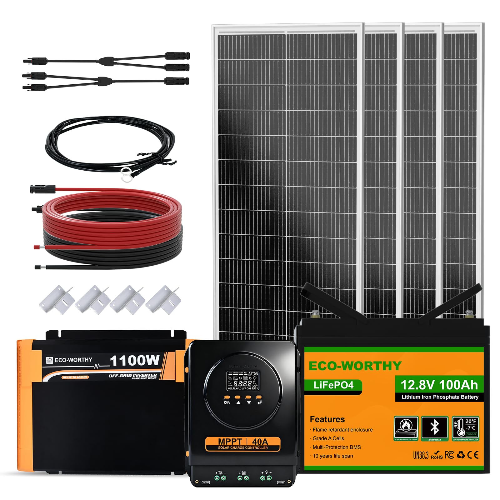 ECO-WORTHY 1,6 kWh solaranlage komplettset mit 12V 100AH LiFePO4 Batterie + 4 Stücke 100W Solarpanel + 40A Laderegler Bluetooth + 1100W Wechselrichter, Solaranlage Komplettset für Dach Haus Balkon Gar