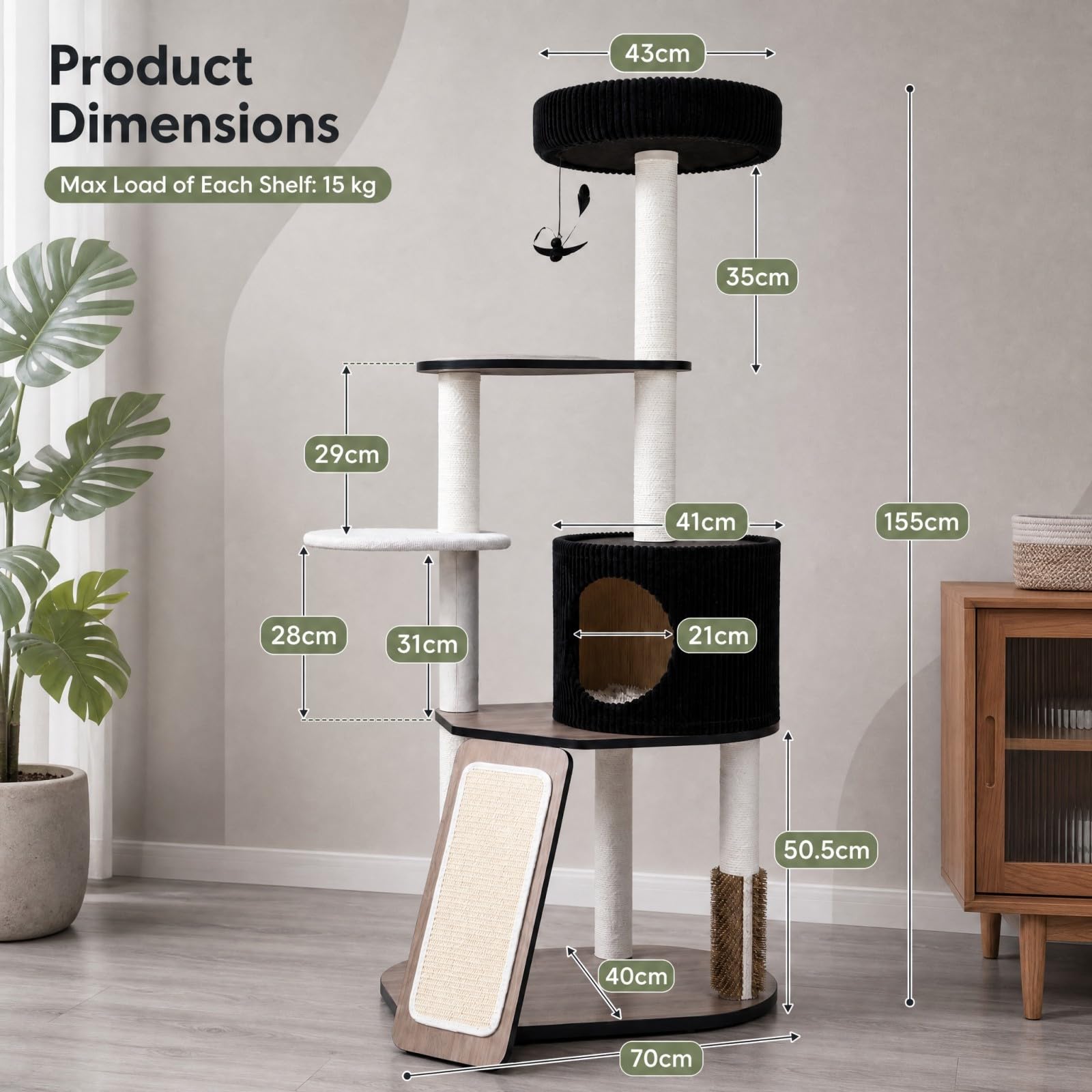 GOPLUS 155 cm Gran Torre de Gatos Multinivel con Postes Rascadores y Rampa | Árbol Rascador para Gatos con Casita, Percha Mullida, Plataformas y Juguete Colgante, Centro de Actividades para Gatitos