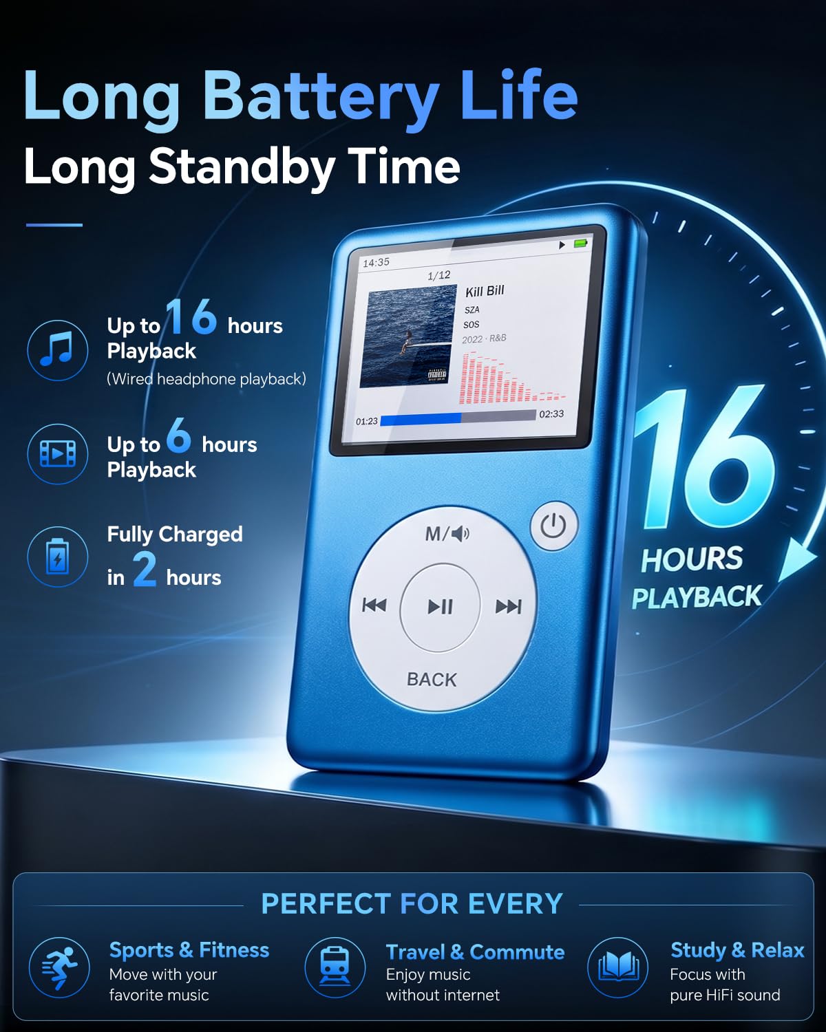 Lettore MP3 Bluetooth 5.3, audio HiFi senza perdita, schermo 2,31", memoria espandibile 128 GB, video 1080P, radio FM, e-book, registrazione, portatile per sport, studio e viaggi