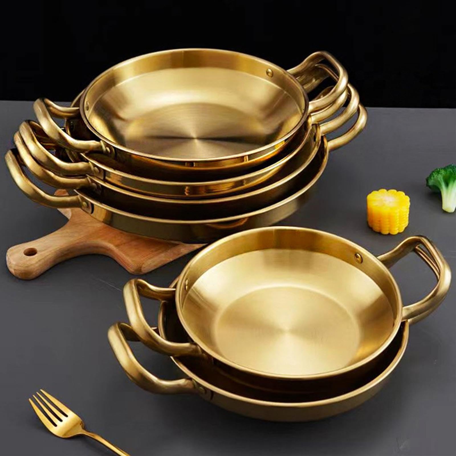Paella de Acero Inoxidable, Olla de arroz para mariscos, Cocina casera, Platos de Aperitivos para Picnic, Utensilios de Cocina, Cacerola, ollas secas con asa para Cocina,Oro,28cm